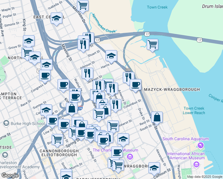 map of restaurants, bars, coffee shops, grocery stores, and more near 121 America Street in Charleston