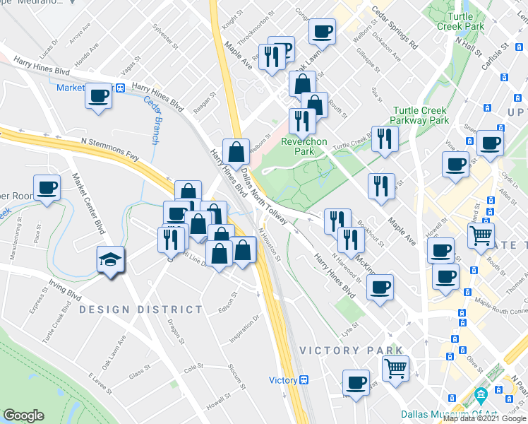 map of restaurants, bars, coffee shops, grocery stores, and more near Dallas North Tollway in Dallas