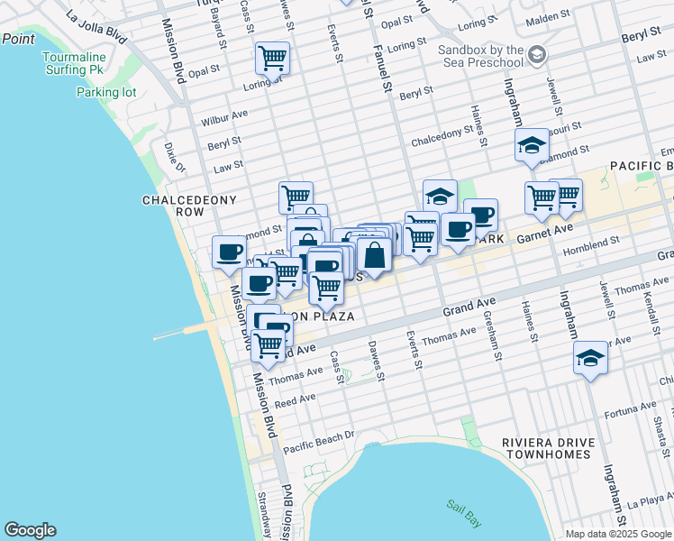 map of restaurants, bars, coffee shops, grocery stores, and more near 1049 Felspar Street in San Diego