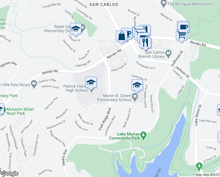 map of restaurants, bars, coffee shops, grocery stores, and more near Park Ridge Boulevard in San Diego
