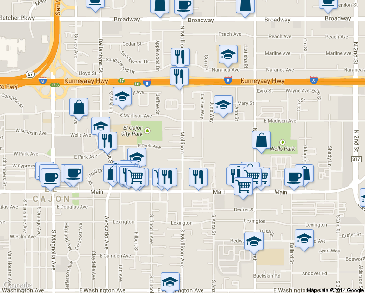 map of restaurants, bars, coffee shops, grocery stores, and more near 364 Dominguez Way in El Cajon