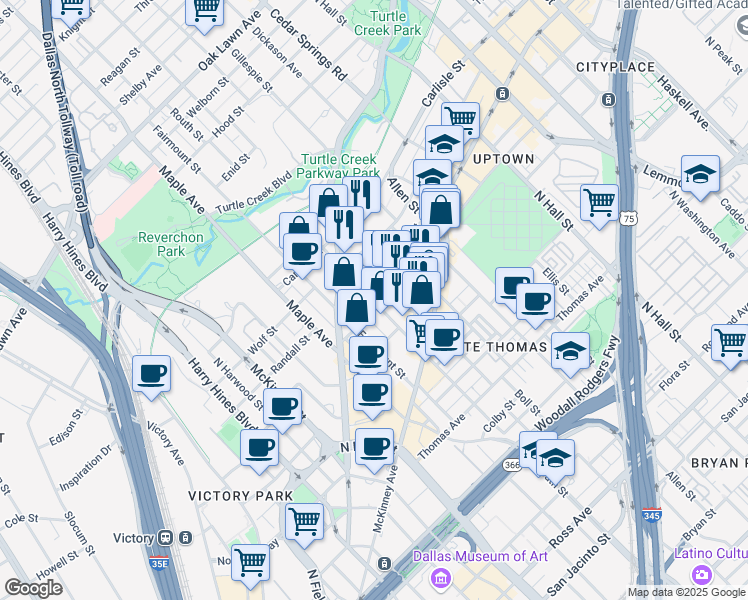 map of restaurants, bars, coffee shops, grocery stores, and more near 2828 Routh Street in Dallas