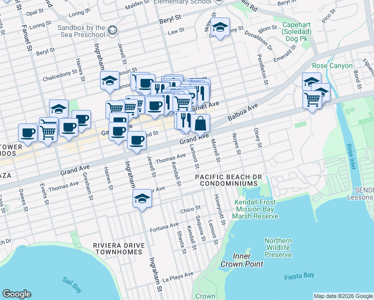 map of restaurants, bars, coffee shops, grocery stores, and more near 1854 Grand Avenue in San Diego