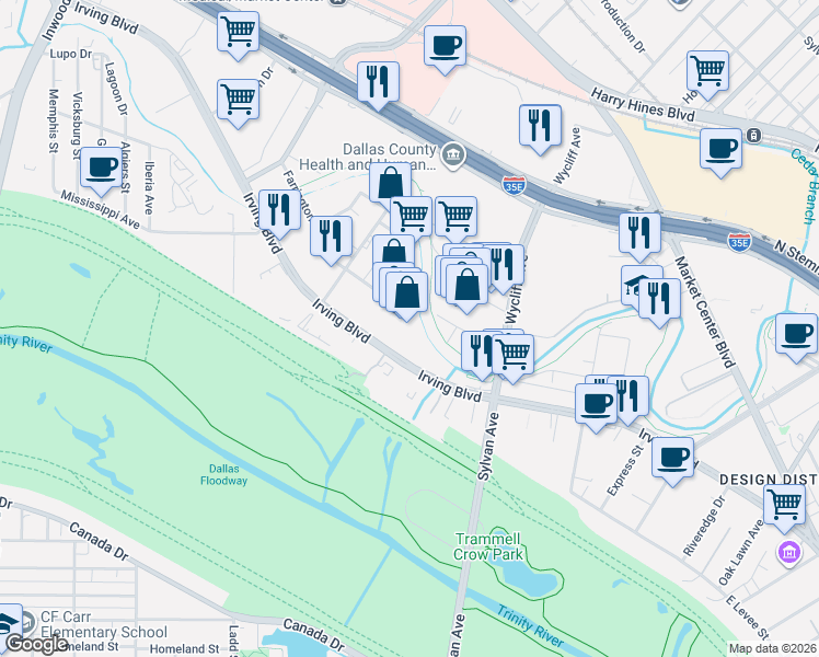 map of restaurants, bars, coffee shops, grocery stores, and more near Trinity Strand Trail in Dallas