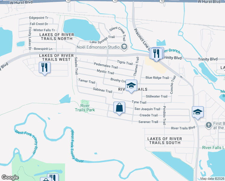 map of restaurants, bars, coffee shops, grocery stores, and more near 8753 Sabinas Trail in Fort Worth