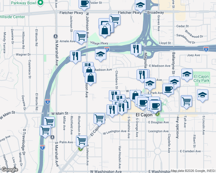 map of restaurants, bars, coffee shops, grocery stores, and more near 490 Gardner Street in El Cajon