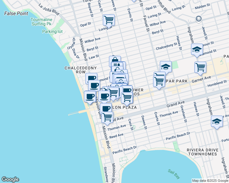 map of restaurants, bars, coffee shops, grocery stores, and more near 930 Emerald Street in San Diego