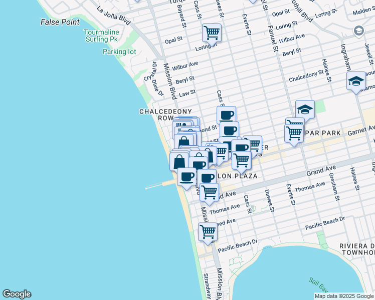 map of restaurants, bars, coffee shops, grocery stores, and more near 4682 Mission Boulevard in San Diego