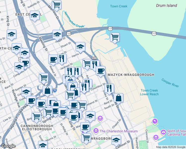 map of restaurants, bars, coffee shops, grocery stores, and more near 33 Cooper Street in Charleston