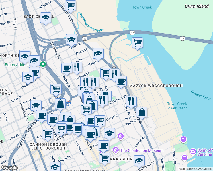 map of restaurants, bars, coffee shops, grocery stores, and more near 33 Cooper Street in Charleston