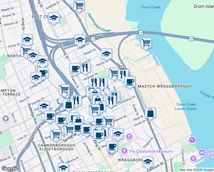 map of restaurants, bars, coffee shops, grocery stores, and more near 121 America Street in Charleston