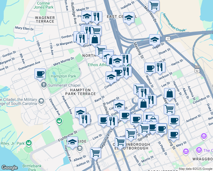 map of restaurants, bars, coffee shops, grocery stores, and more near 4 Senate Street in Charleston