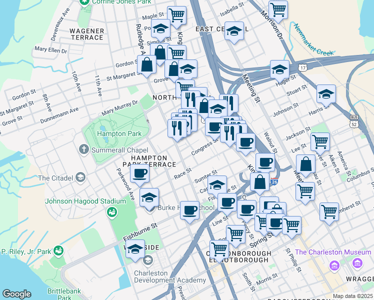 map of restaurants, bars, coffee shops, grocery stores, and more near 4 Senate Street in Charleston