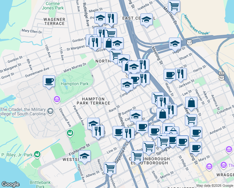 map of restaurants, bars, coffee shops, grocery stores, and more near 4 Senate Street in Charleston
