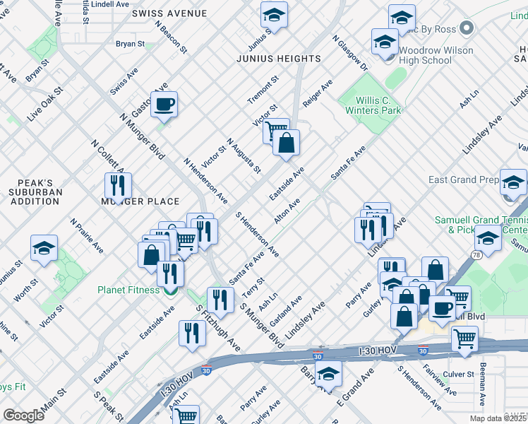 map of restaurants, bars, coffee shops, grocery stores, and more near 5409 Eastside Avenue in Dallas