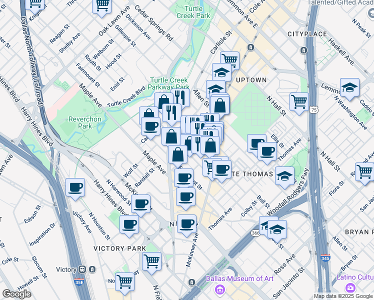 map of restaurants, bars, coffee shops, grocery stores, and more near 2600-2798 Laclede Street in Dallas