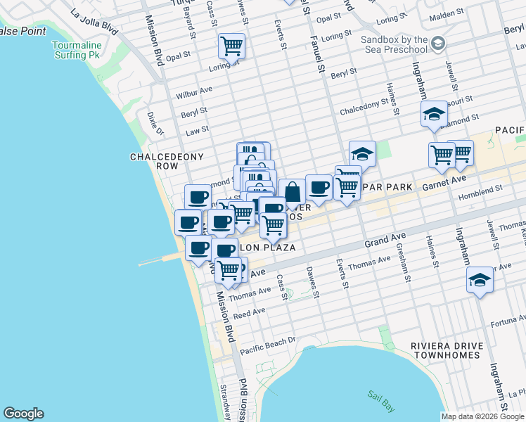 map of restaurants, bars, coffee shops, grocery stores, and more near Cass Street & Felspar Street in San Diego