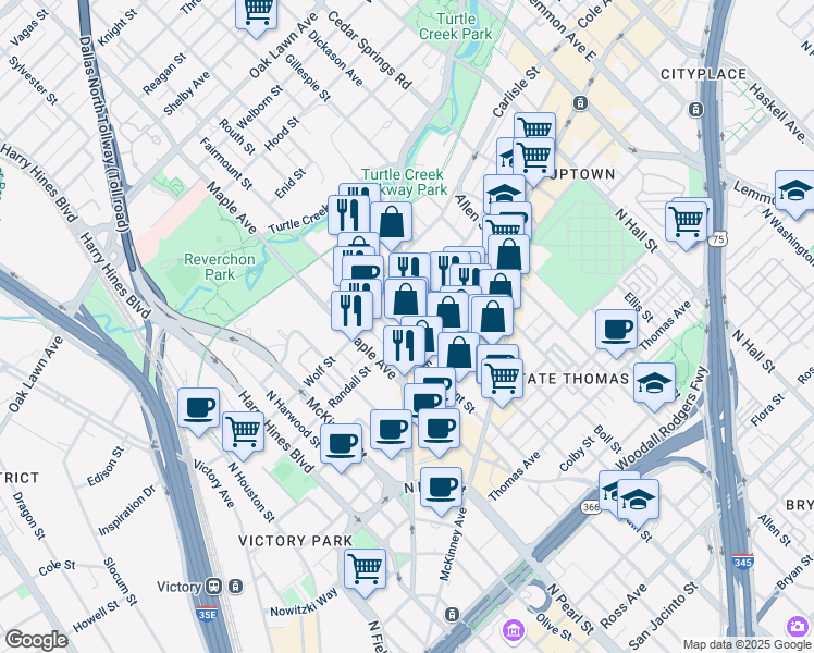 map of restaurants, bars, coffee shops, grocery stores, and more near 2511 Cedar Springs Road in Dallas