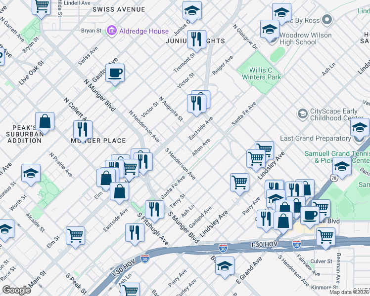map of restaurants, bars, coffee shops, grocery stores, and more near 5324 Eastside Avenue in Dallas