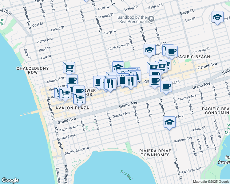 map of restaurants, bars, coffee shops, grocery stores, and more near 1339 Garnet Avenue in San Diego