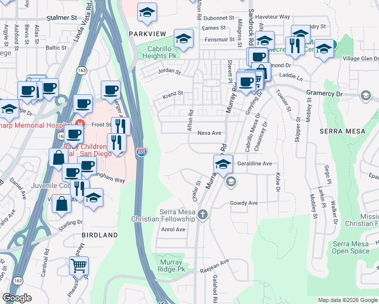 map of restaurants, bars, coffee shops, grocery stores, and more near 8470 Onalaska Avenue in San Diego