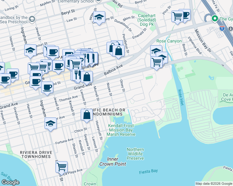 map of restaurants, bars, coffee shops, grocery stores, and more near 2157 Thomas Avenue in San Diego
