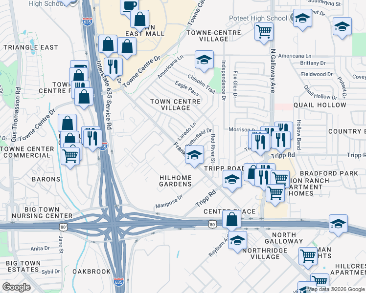 map of restaurants, bars, coffee shops, grocery stores, and more near 2602 San Saba Street in Mesquite