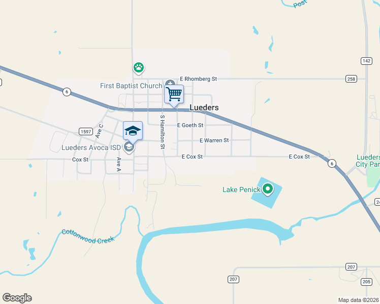 map of restaurants, bars, coffee shops, grocery stores, and more near 341 East Warren Street in Lueders