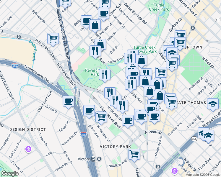 map of restaurants, bars, coffee shops, grocery stores, and more near 2217 Ivan Street in Dallas