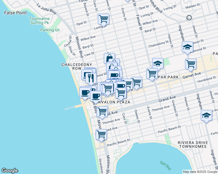 map of restaurants, bars, coffee shops, grocery stores, and more near 930 Emerald Street in San Diego