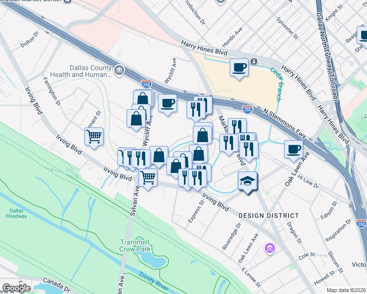 map of restaurants, bars, coffee shops, grocery stores, and more near Trinity Strand Trail in Dallas