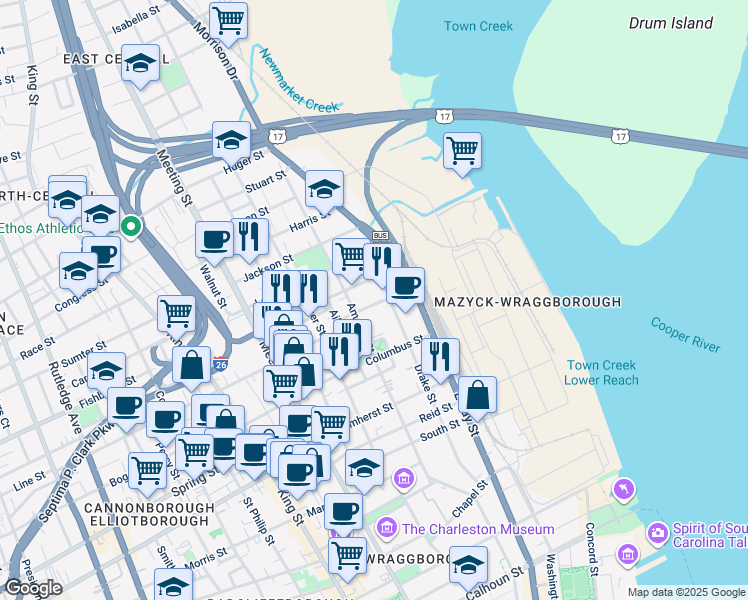 map of restaurants, bars, coffee shops, grocery stores, and more near 33 Cooper Street in Charleston