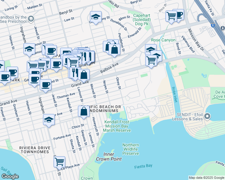 map of restaurants, bars, coffee shops, grocery stores, and more near 2134 Reed Avenue in San Diego