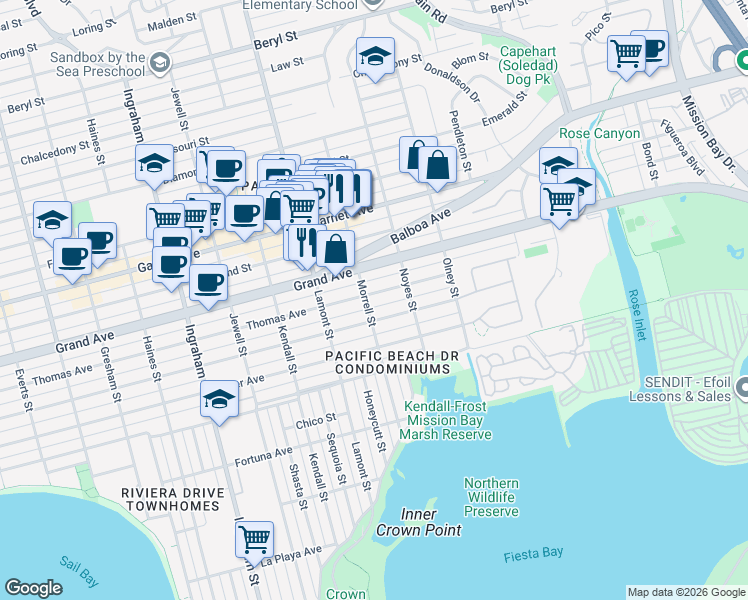 map of restaurants, bars, coffee shops, grocery stores, and more near 2009 Thomas Avenue in San Diego