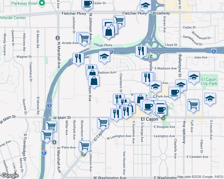 map of restaurants, bars, coffee shops, grocery stores, and more near 490 Gardner Street in El Cajon
