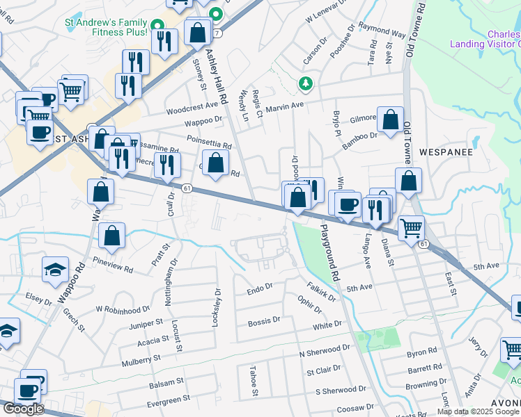 map of restaurants, bars, coffee shops, grocery stores, and more near 1426 Ashley River Road in Charleston