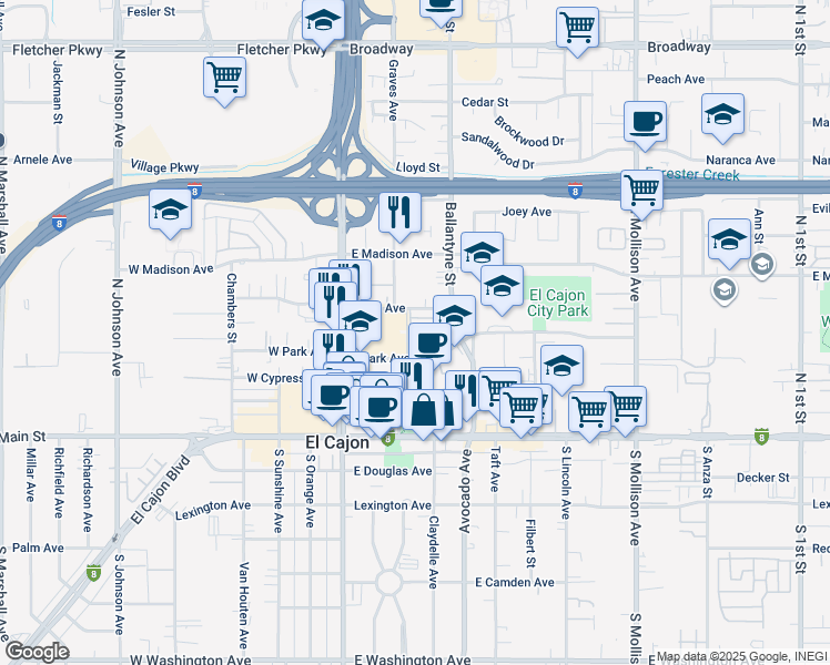 map of restaurants, bars, coffee shops, grocery stores, and more near 351 Connecticut Avenue in El Cajon