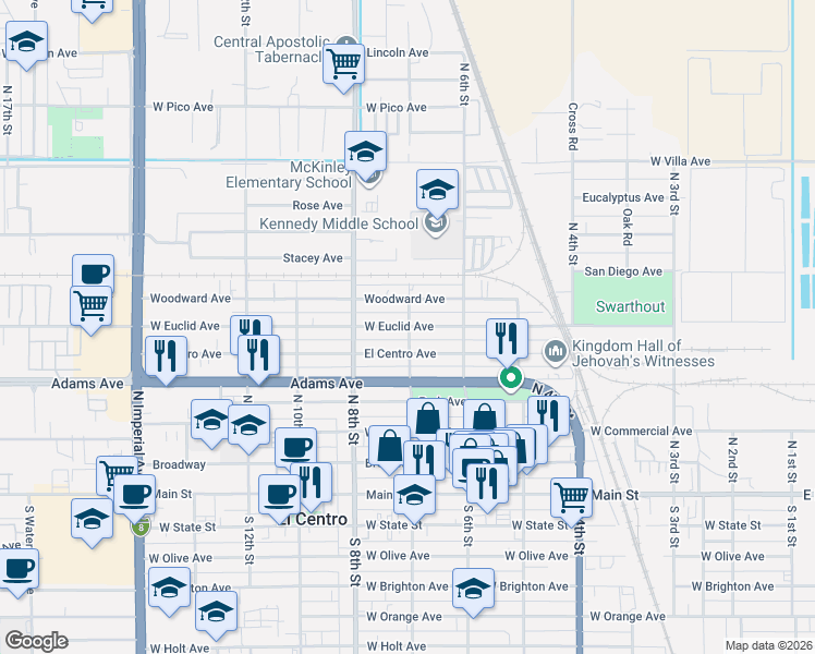 map of restaurants, bars, coffee shops, grocery stores, and more near 735 Woodward Avenue in El Centro