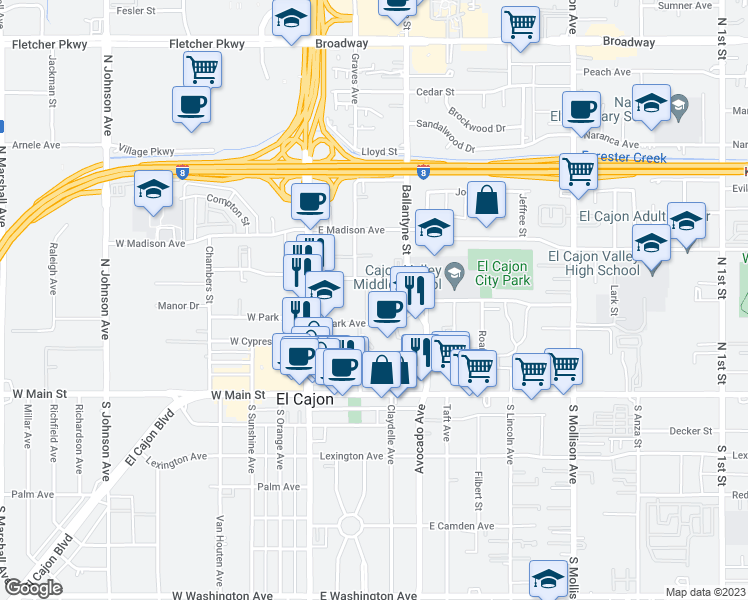 map of restaurants, bars, coffee shops, grocery stores, and more near 351 Connecticut Avenue in El Cajon