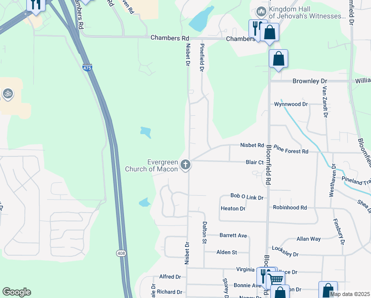 map of restaurants, bars, coffee shops, grocery stores, and more near 5141 Nisbet Drive in Macon