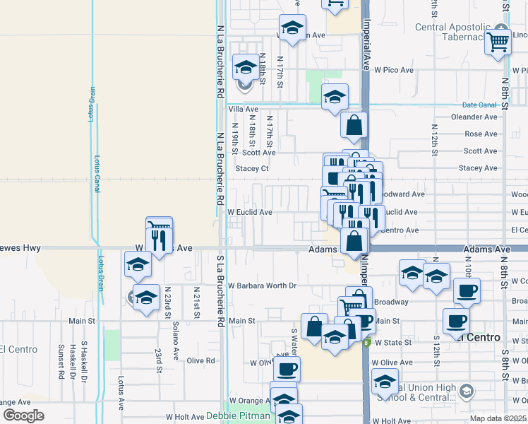 map of restaurants, bars, coffee shops, grocery stores, and more near 1780 West Euclid Avenue in El Centro