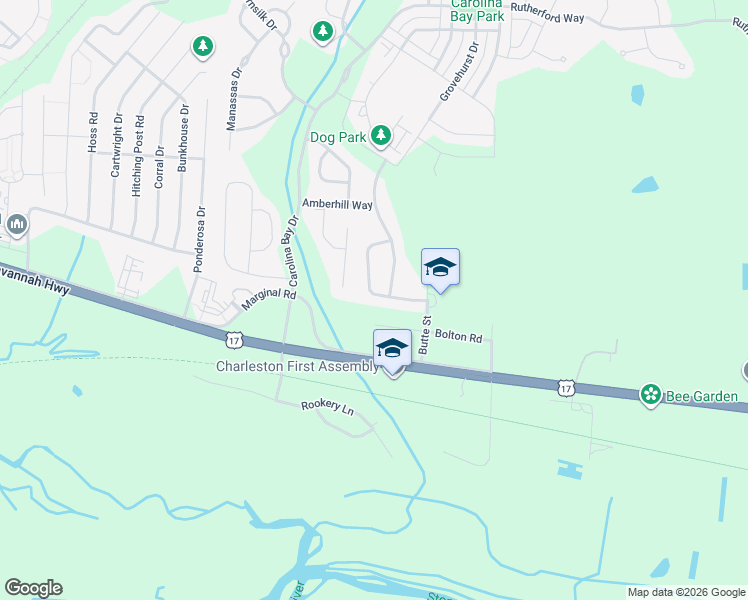 map of restaurants, bars, coffee shops, grocery stores, and more near 1550 Pixley Street in Charleston