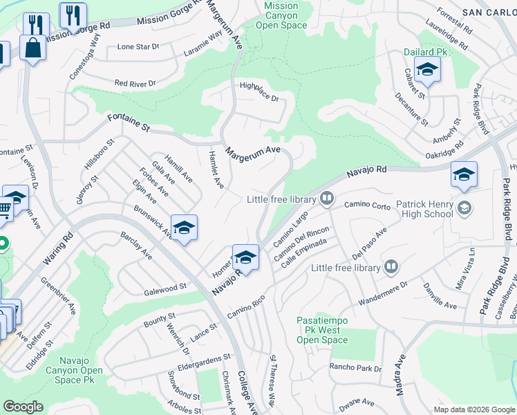 map of restaurants, bars, coffee shops, grocery stores, and more near 7232 Margerum Avenue in San Diego