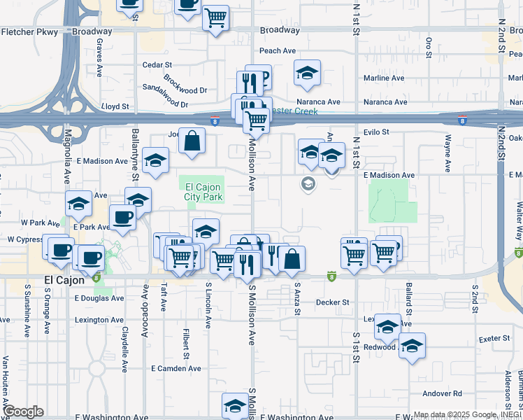 map of restaurants, bars, coffee shops, grocery stores, and more near 301 North Mollison Avenue in El Cajon