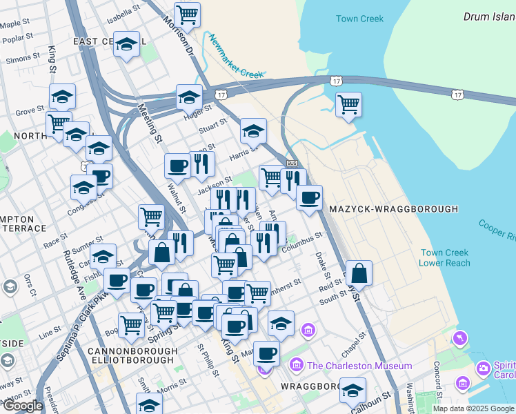 map of restaurants, bars, coffee shops, grocery stores, and more near 121 America Street in Charleston