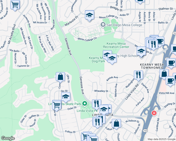 map of restaurants, bars, coffee shops, grocery stores, and more near 6909 Park Mesa Way in San Diego