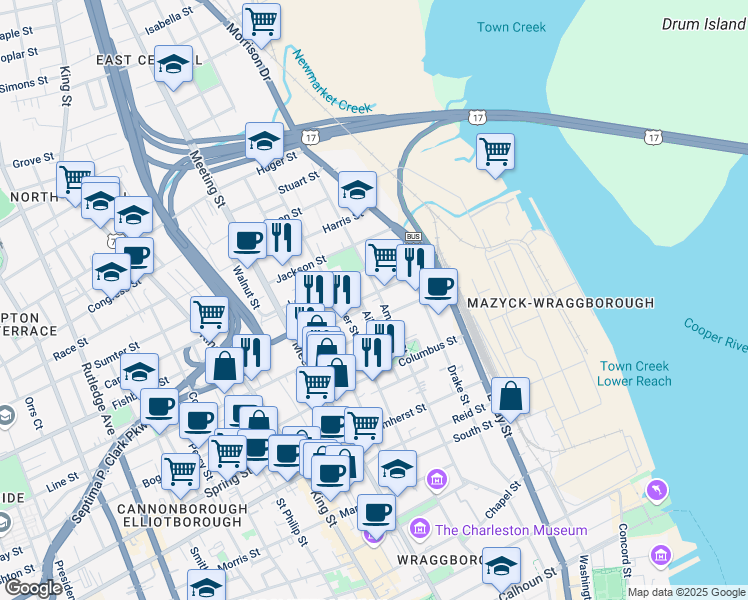 map of restaurants, bars, coffee shops, grocery stores, and more near 111 America Street in Charleston