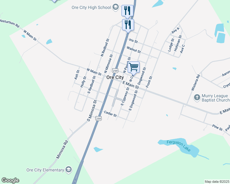 map of restaurants, bars, coffee shops, grocery stores, and more near 107 North Peach Street in Ore City