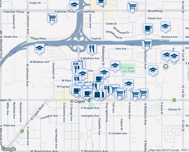 map of restaurants, bars, coffee shops, grocery stores, and more near Connecticut Avenue in El Cajon