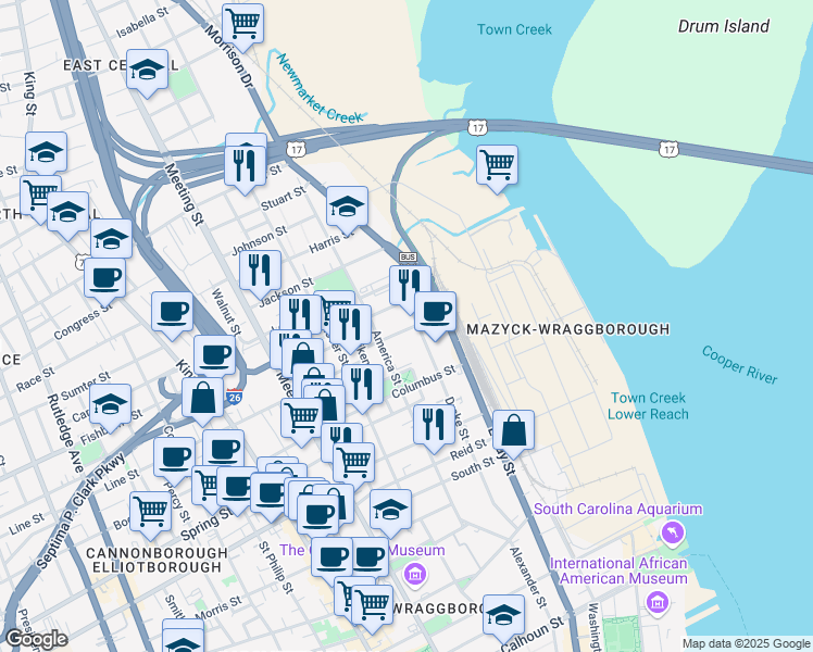 map of restaurants, bars, coffee shops, grocery stores, and more near 20 Blake Street in Charleston